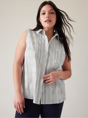 Athleta Everlasting Collared Sleeveless Pinstriped Tank Size L White and Black